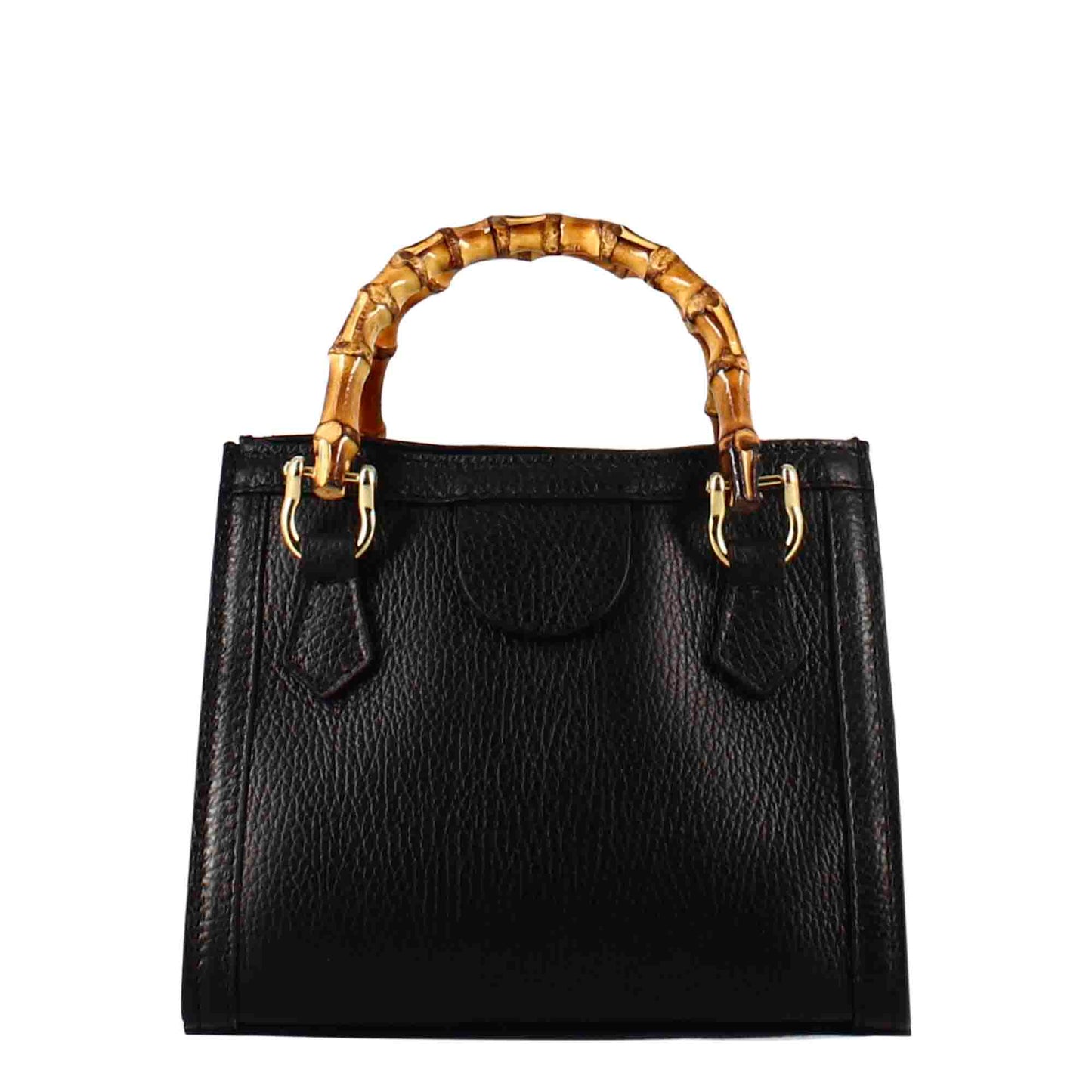 Large Bamboo Leather Bag with Wooden Handles and Shoulder Strap