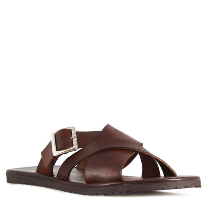 Men's three-strap leather sandal with buckle