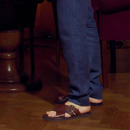 Men's three-strap leather sandal with buckle