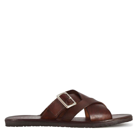 Men's three-strap leather sandal with buckle