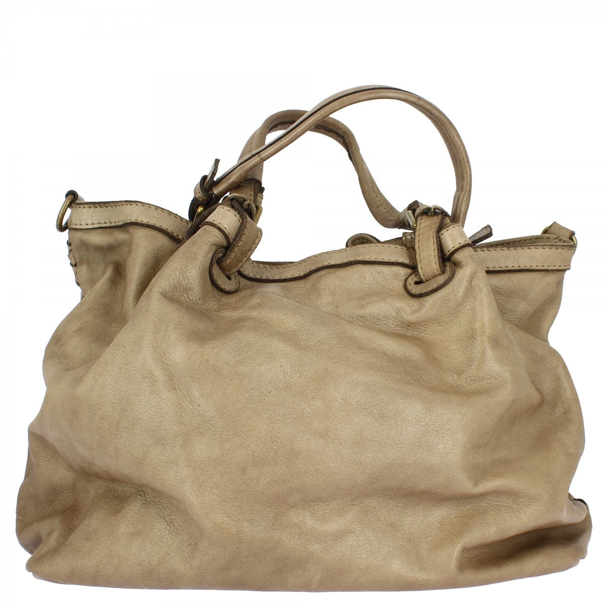 Borsa da donna Petrarca fatta a mano in pelle intrecciata taupe con tracolla