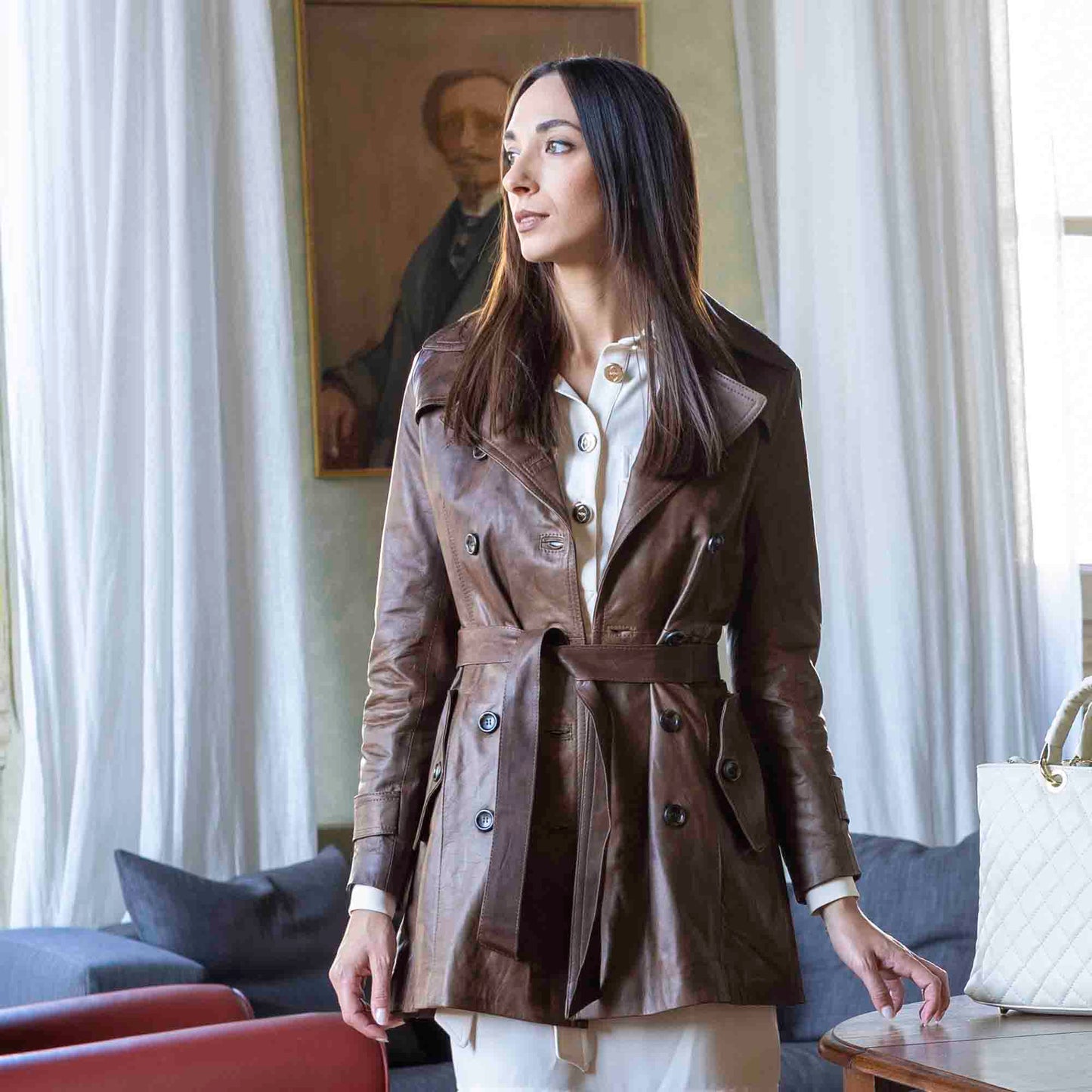 Giacca da donna stile trench in pelle alta qualità