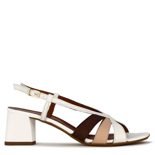 Classic women's sandal in white leather with multi-colored bands