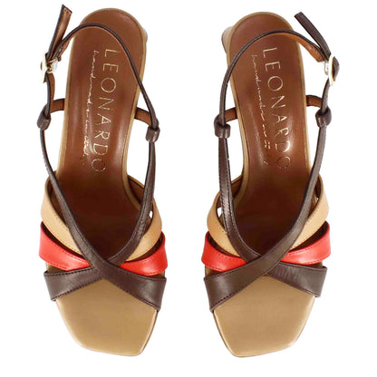 Classic women's sandal in white leather with multi-colored bands