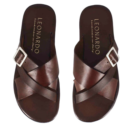 Men's three-strap leather sandal with buckle