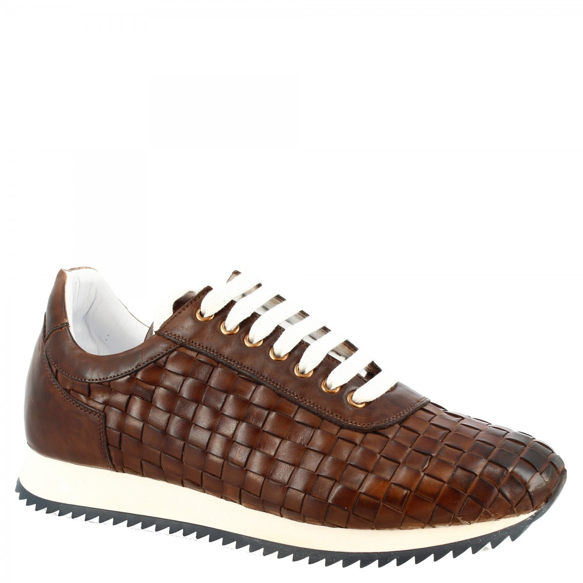 Sneakers casual da uomo fatte a mano in pelle di vitello intrecciata brandy