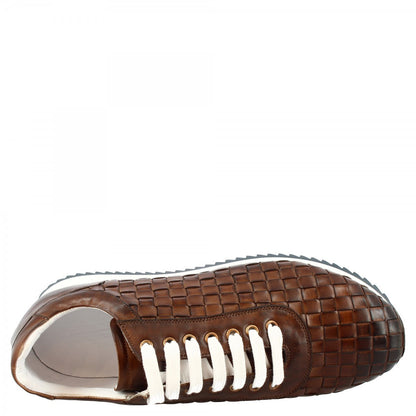 Sneakers casual da uomo fatte a mano in pelle di vitello intrecciata brandy