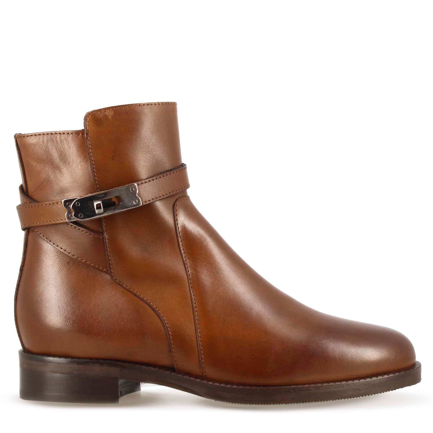 Women's leather ankle boot with decorative ankle buckle