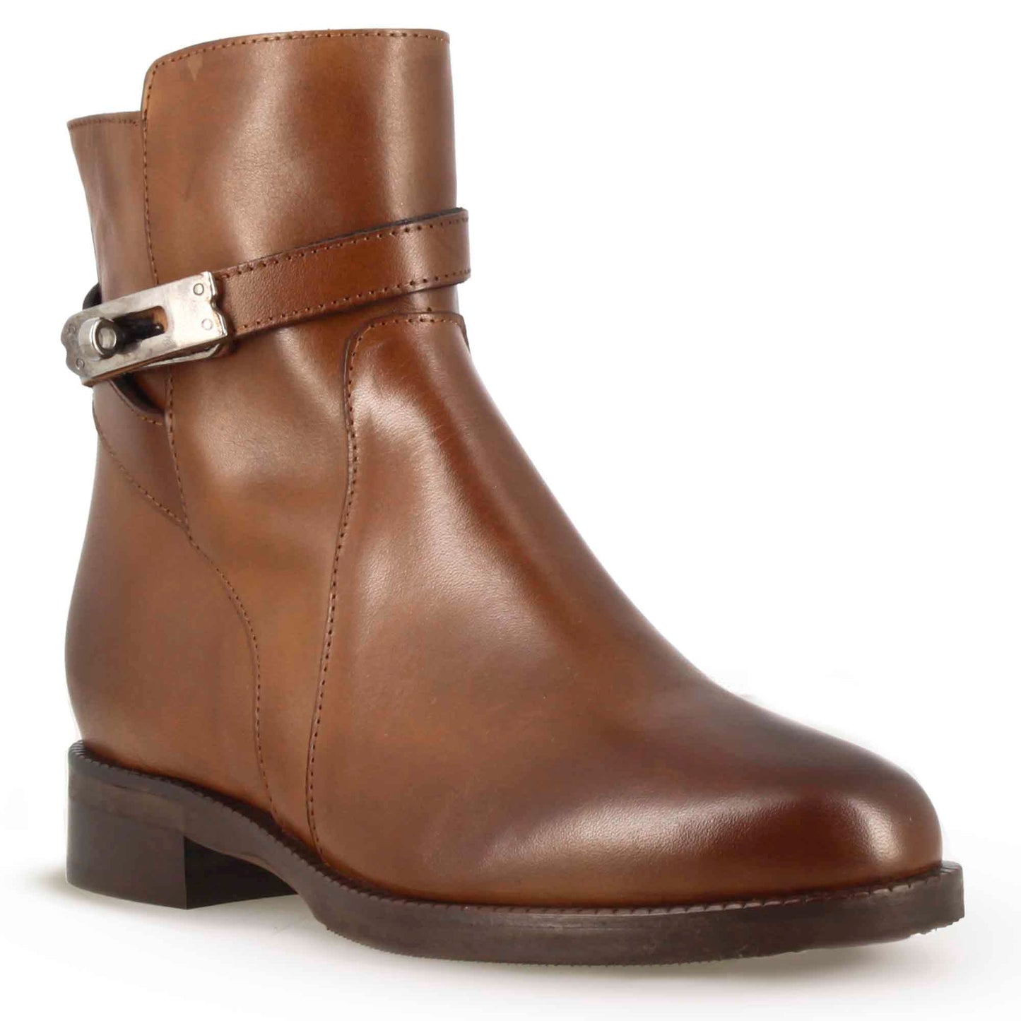 Women's leather ankle boot with decorative ankle buckle