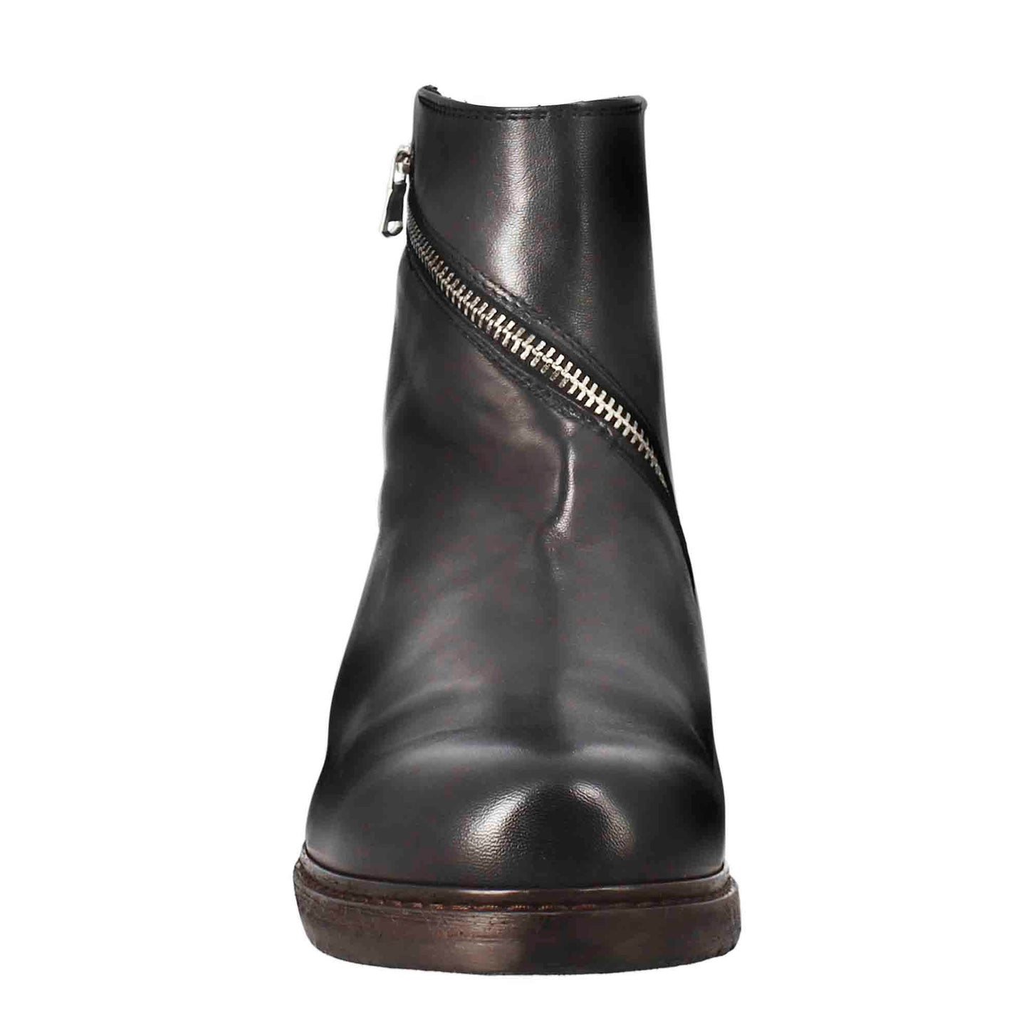 Women's ankle boot in washed leather with vintage effect and diagonal zip