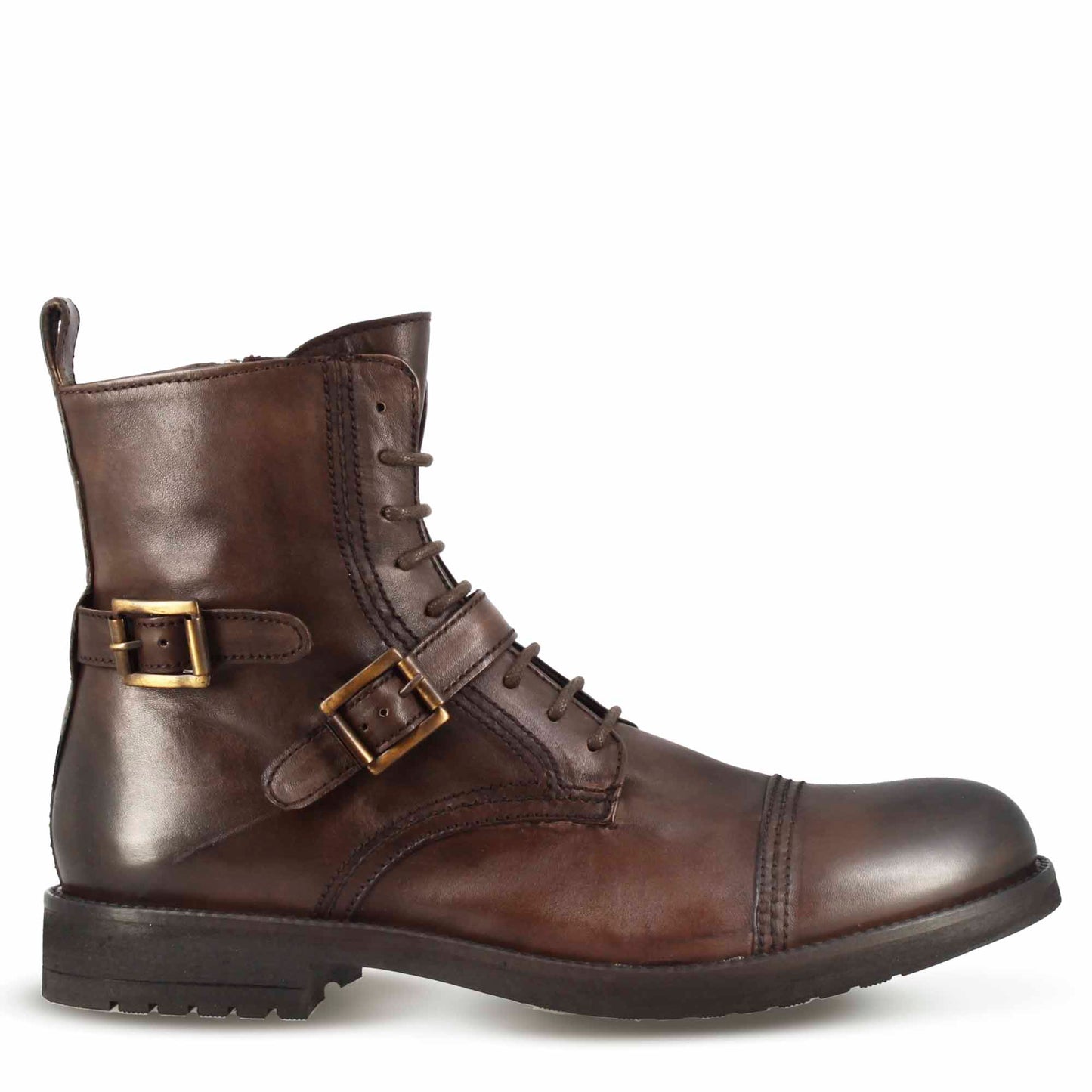 Amphibian with patent leather buckles and rubber sole
