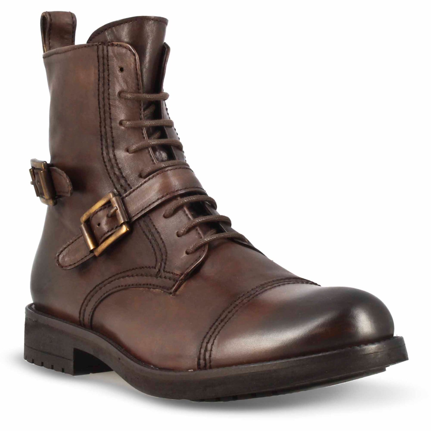Amphibian with patent leather buckles and rubber sole