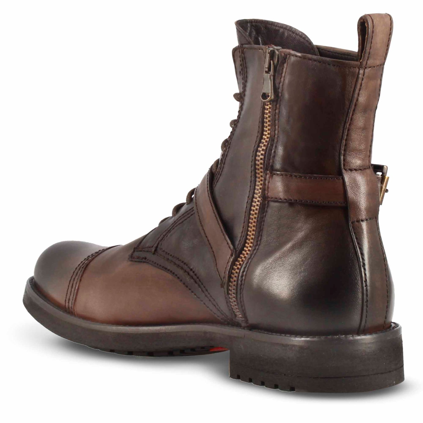 Amphibian with patent leather buckles and rubber sole