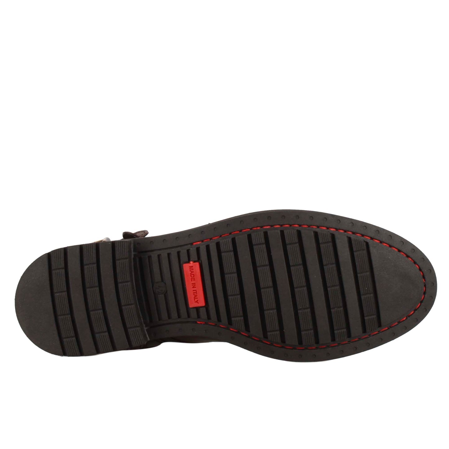 Amphibian with patent leather buckles and rubber sole